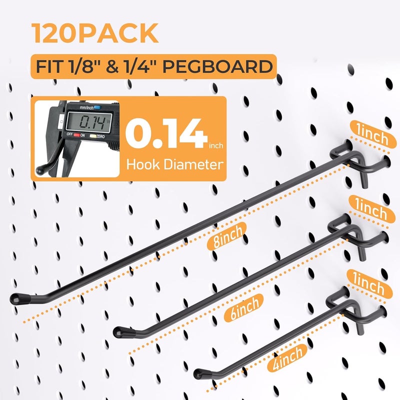 INCLY 120 Pack Black Pegboard Hooks, 4/6/8 Inch Peg Board Shelving Hooks Accessories, Peg Board Tool Hangers Fit for 1/8“ and 1/4" Pegboard Hanging Tools for Garage, Craft Room, Kitchen, Store - Image 2